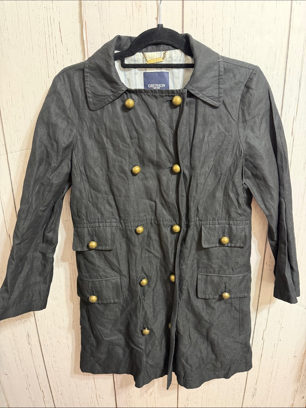 Gryphon Black Double-Breasted Trench Coat with Brass Buttons